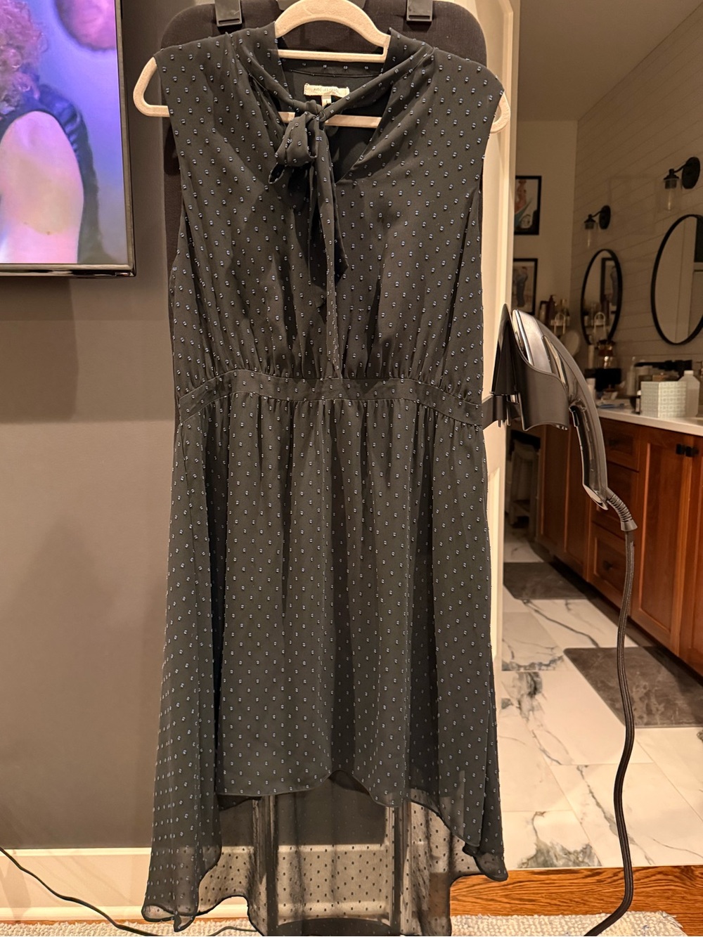Avec Les Filles Sleeveless Black Tie-Neck Polka Dot Dress